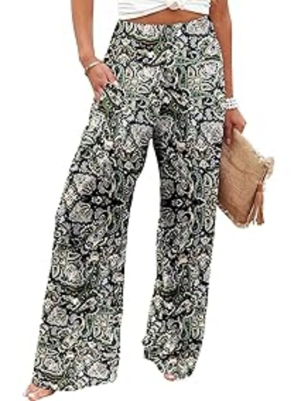 "Black/Green Mix" NEW Stretchy Wide Leg Lounge Palazzo Pants w/Pockets 3XL